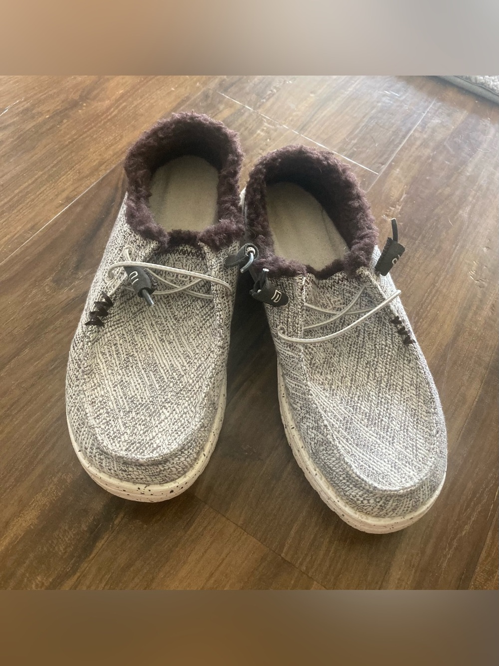 Hey Dude Women's Gray Knit Slip-On Shoes with Brown Faux-Fur Collar